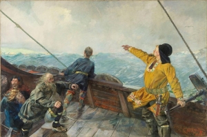 Oil painting that depicts Leif Erikson and his crew onboard a ship.