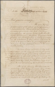 Handwritten document showing the first page of the Olive Branch Petition with the words to the King's most excellent majesty at the top of the page.