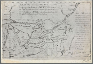 Map of the country of the Five Nations showing the Great Lakes region from the eastern portions of Lakes Superior and Michigan to the western edge of New England.