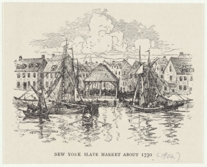 Drawing with ships in the harbor, a market for selling enslaved people, and a crowd of people and buildings along the waterfront.