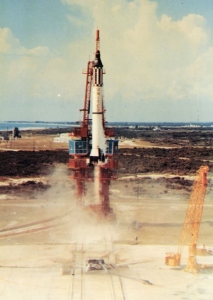 The Mercury-Redstone 3 also known as Freedom 7 launching from Cape Canaveral, Florida.