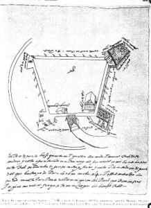 Hand-drawn plan of the fort Castillo de San Marcos that shows the fort's walls, corner bastions, and two interior buildings with cursive annotations in Spanish.