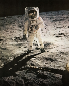 Astronaut Buzz Aldrin in his spacesuit on the surface of the moon.