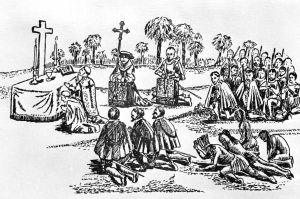 Drawing of an outdoor Christmas mass with an altar, cross, gathered worshippers and a few Native people.