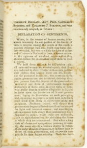 First typed page of the Declaration of Sentiments with discolored edges.