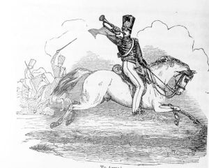 Sketch of an army bugler on a horse blowing the cavalry charge in the Seminole War with the rough outline of two other men on horseback in the background.