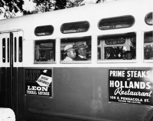 Reverend C.K. Steele and Reverend H. McNeal Harris on a Tallahassee city bus in protest of segregated bus seating.