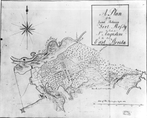 Plan of the land between Fort Mose and Saint Augustine in the province of East Florida depicting marshes, Saint Sebastian Creek, and overgrown fields.