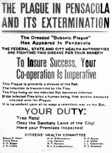 Typed advertisement announcing the presence of the bubonic plague in Pensacola and urging citizens to cooperate with health measures to prevent the spread.