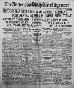 Frontpage of an American newspaper with a heading Neutrality is Declared by President Wilson World's Greatest War.