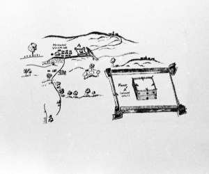 Sketch of Mission San Luis with hilly landscape and buildings labeled mission village in the background and square fort in the foreground.
