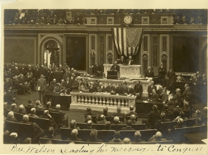 President Wilson addressing Congress on his Fourteen Points plan.