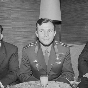 Soviet cosmonaut Yuri Gagarin at a press conference during his visit to Finland.